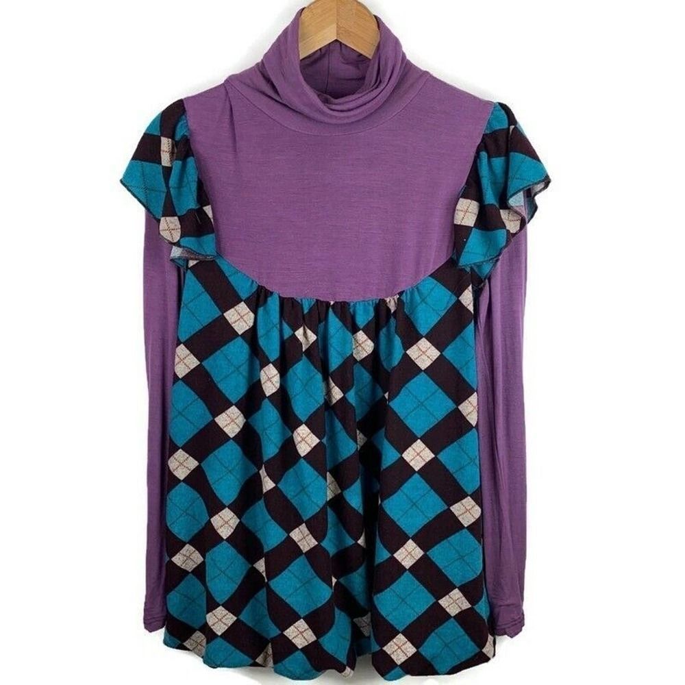 Nuvula Knit top Women’s Medium Purple Blue Long Sleeve Checked Plaid